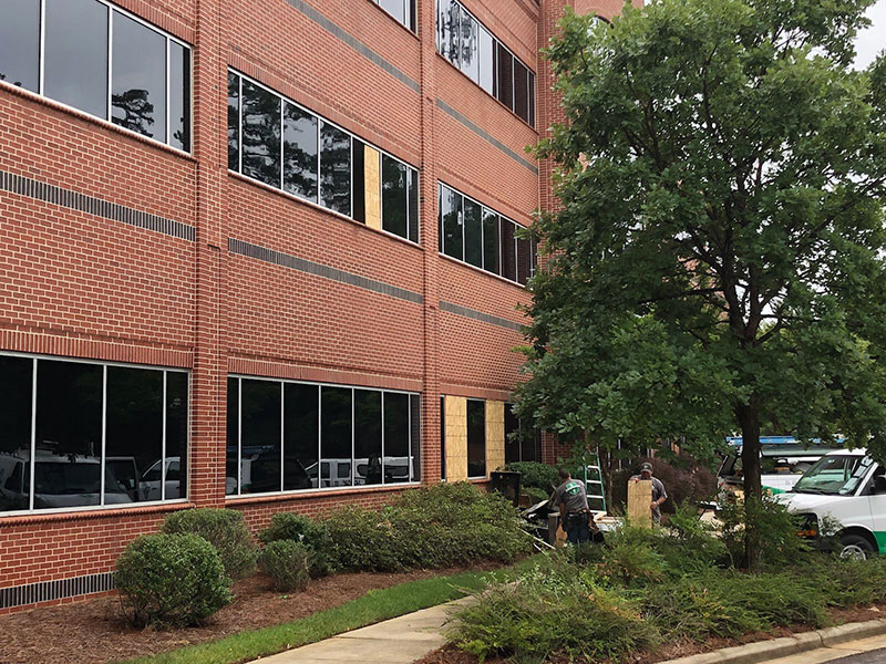 building with shuttered windows