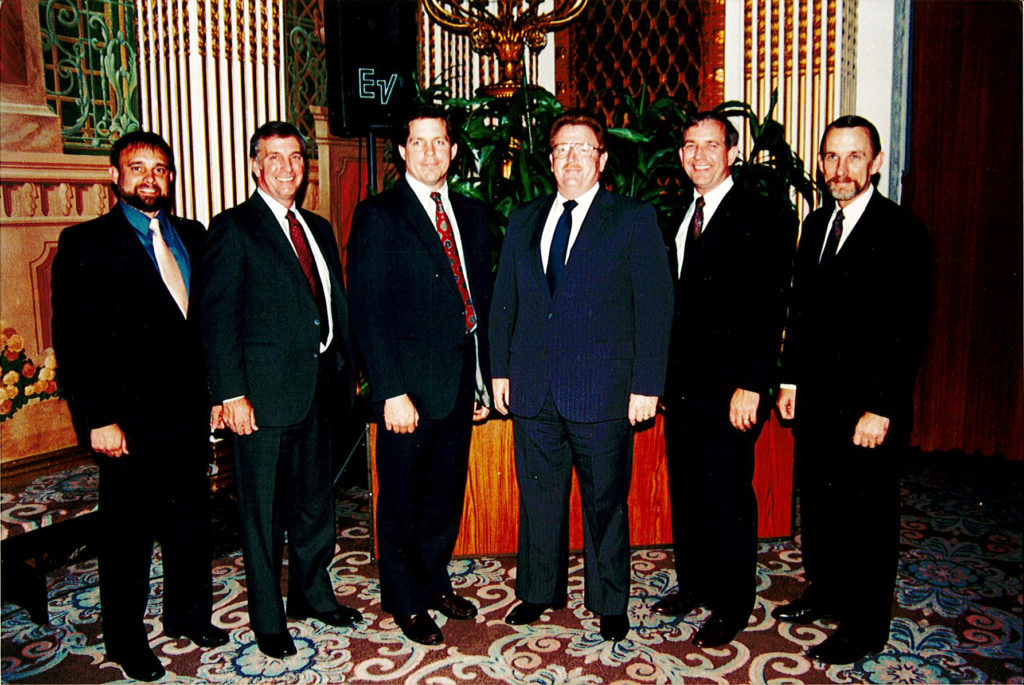 Don was RCI’s first Certified Roof Consultant (later changed to Registered Roof Consultant). Among the first five RRCs honored at the 1988 convention were, left to right: Warren French, Don Bush, Jeffrey Evans, Sy Elakman, Dick Canon, and D.B. Hales. Not pictured, but among the first crop, were John Willers and Curt Liscum. Five of the eight were to become presidents of RCI.