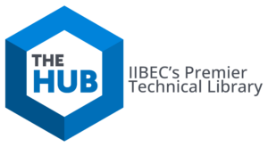 Blue and white logo for IIBEC's technical library, The Hub.