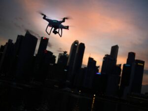 Drone over buildings.