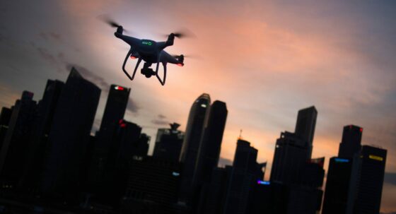 Drone over buildings.