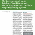 Green and white cover page of IIBEC article, "A Not-So-Perfect Storm: The Convergence of Large Buildings, Wood Decks, and Mechanically Attached Low-Slope, Single-Ply Roofing Systems".