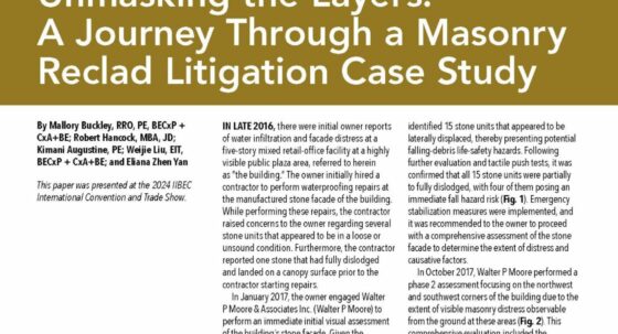 Brown and white cover page of IIBEC Interface article, Unmasking the Layers: A journey Through a Masonry Reclad Litigation Case Study