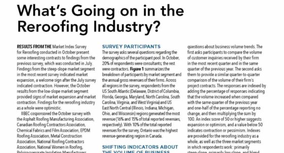 Cover page showing pie graphs of Quarterly Reroofing Survey article.