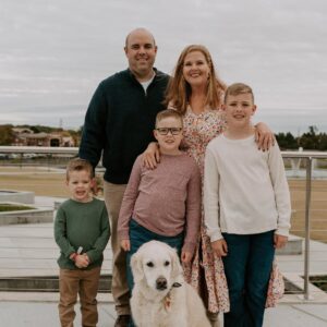 Bryce with his wife, Katie, and their three sons, Luke, Harrison, and Wyatt, and family dog, Pippa.
