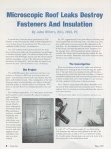 Cover page of article, "Microscopic Roof Leaks Destroy Fasteners And Insulation".