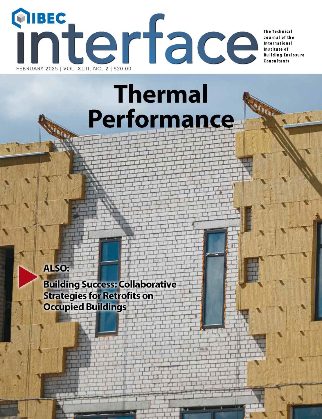 Cover of February IIBEC Interface showing a retrofit building, entitled, "Thermal Performance".