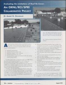 Cover page in IIBEC article, "Evaluating the Limitations of Roof Re-Cover: An ORNL/RCI/SPRI Collaborative Project".