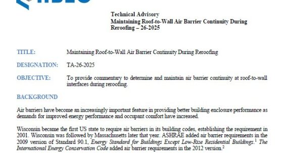 Cover page of IIBEC Technical Advisory 26: Maintaining Roof-to-Wall Air Barrier Continuity During Reroofing.