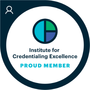 Circular member logo for the Institute for Credentialing Excellence.