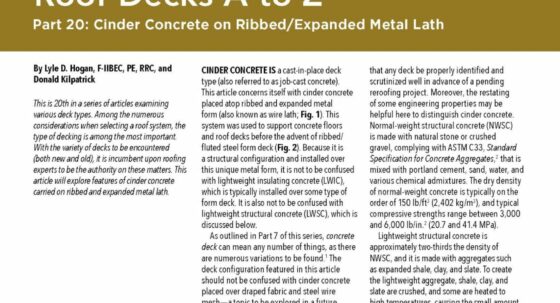 Cover page of IIBEC Interface article, Roof Decks A to Z Part 20: Cinder Concrete on Ribbed/Expanded Metal Lath.
