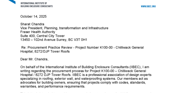 Cover of IIBEC letter to Chilliwack General Hospital for Fraser Health Authority advocacy.