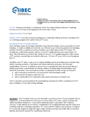 Cover of IIBEC Technical Advisory 27-2025, Technical and Safety Considerations WHen Providing Building Enclosure Consulting services on Low-Slope Roofs Equipped with Photovoltaic Arrays.