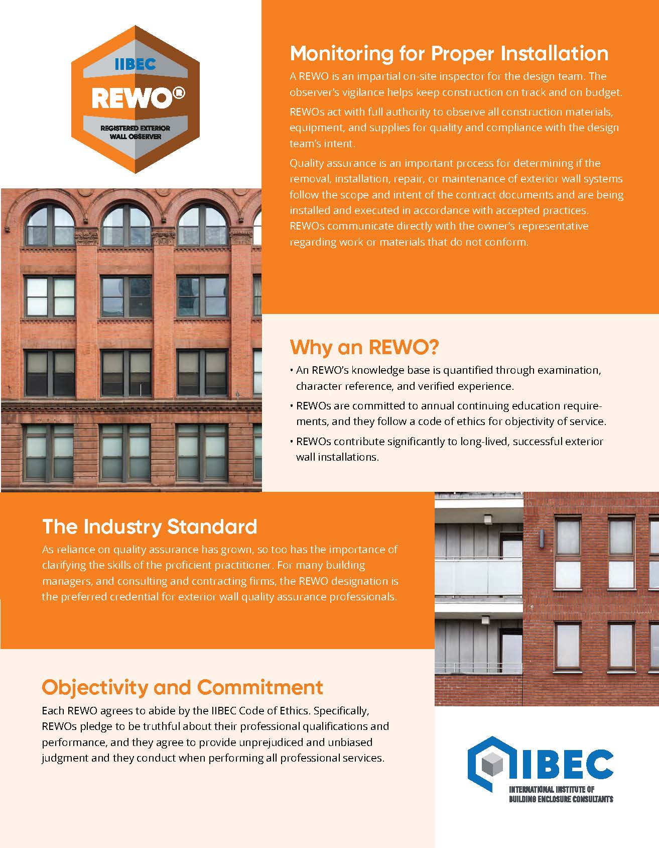 Cover of IIBEC Registered Exterior Wall Observer (REWO) marketing flyer.