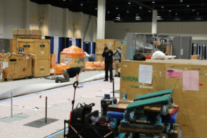 The exhibit hall under construction at the 2026 IIBEC International Convention and Trade Show.