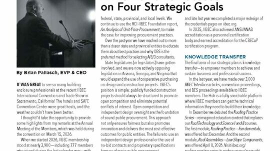 Magazine spread with a speaker at a podium on the left and the headline 'IIBEC Remains Focused on Four Strategic Goals' across three columns on the right. Caption reads 'By Brian Pallasch, EVP & CEO.'