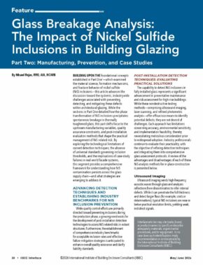 Magazine page header: Article title 'Glass Breakage Analysis: The Impact of Nickel Sulfide Inclusions in Building Glazing' with subheading 'Part Two: Manufacturing, Prevention, and Case Studies'