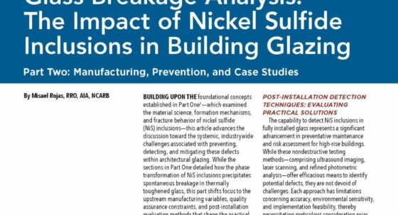 Magazine page header: Article title 'Glass Breakage Analysis: The Impact of Nickel Sulfide Inclusions in Building Glazing' with subheading 'Part Two: Manufacturing, Prevention, and Case Studies'