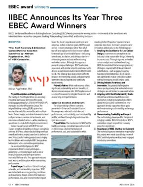 Magazine page announcing IIBEC Award Winners: large headline 'IIBEC Announces Its Year Three EBEC Award Winners' with multi-column text, a small portrait photo in the left column, and several thumbnail images along the bottom/right side; conveys winner details and project background.