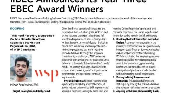 Magazine page announcing IIBEC Award Winners: large headline 'IIBEC Announces Its Year Three EBEC Award Winners' with multi-column text, a small portrait photo in the left column, and several thumbnail images along the bottom/right side; conveys winner details and project background.