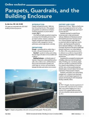 Magazine page titled 'Parapets, Guardrails, and the Building Enclosure' with columns of text and a rooftop parapet photo on the lower left side of the page.