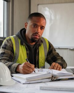 Construction worker in a reflective vest reviews a binder of blueprints at a drafting desk, writing with a pen; hard hat on the table next to him.