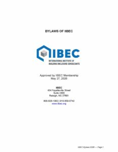 Cover page for the IIBEC Bylaws with blue IIBEC logo, title 'BYLAWS OF IIBEC', date May 27, 2026, and contact information below