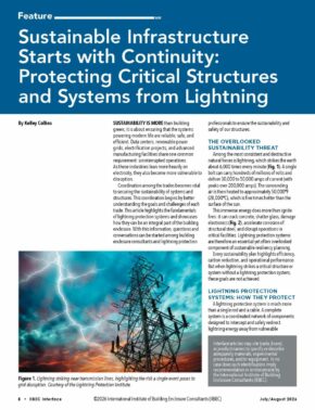Feature article page titled 'Sustainable Infrastructure Starts with Continuity: Protecting Critical Structures and Systems from Lightning' with a lightning photo in the lower left and column text on the right and center blocks, on a blue header.