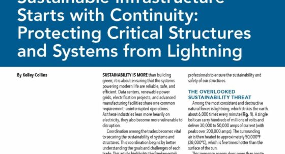 Feature article page titled 'Sustainable Infrastructure Starts with Continuity: Protecting Critical Structures and Systems from Lightning' with a lightning photo in the lower left and column text on the right and center blocks, on a blue header.