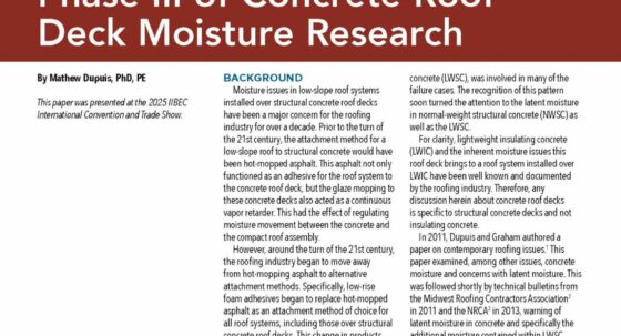 Feature page header reading 'Phase III of Concrete Roof Deck Moisture Research' with byline and three-column article layout.