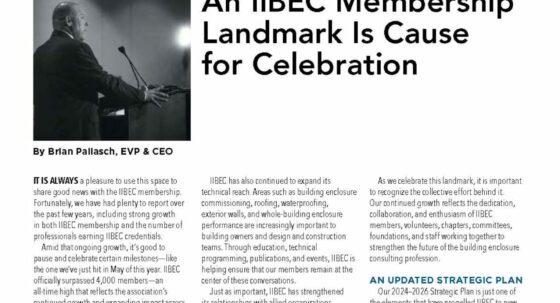 Article page with headline 'An IIBC Membership Landmark Is Cause for Celebration' and a man speaking at a podium in a black-and-white photo of a speech.