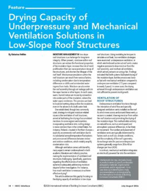 Header for an article: bold white title on a bright blue background reading 'Drying Capacity of Underpressure and Mechanical Ventilation Solutions in Low-Slope Roof Structures'.