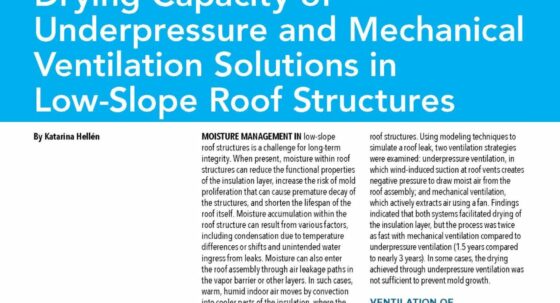 Header for an article: bold white title on a bright blue background reading 'Drying Capacity of Underpressure and Mechanical Ventilation Solutions in Low-Slope Roof Structures'.