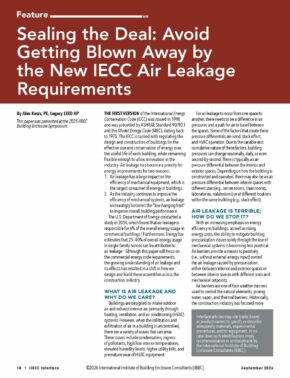 Feature article page titled 'Sealing the Deal: Avoid Getting Blown Away by the New IECC Air Leakage Requirements' about air leakage in buildings.