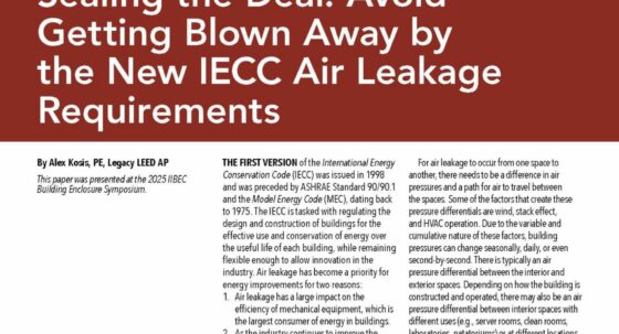 Feature article page titled 'Sealing the Deal: Avoid Getting Blown Away by the New IECC Air Leakage Requirements' about air leakage in buildings.