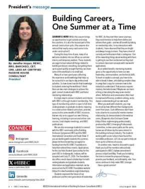President's message page with the title 'Building Careers, One Summer at a Time'; left column shows Jennifer Hogan's portrait with caption and social links; right column contains the article text.