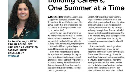 President's message page with the title 'Building Careers, One Summer at a Time'; left column shows Jennifer Hogan's portrait with caption and social links; right column contains the article text.