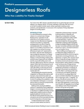 Magazine article page: blue header 'Feature' and 'Designerless Roofs' with subtitle 'Who Has Liability for Faulty Design?' and two narrow columns of dense text beneath.