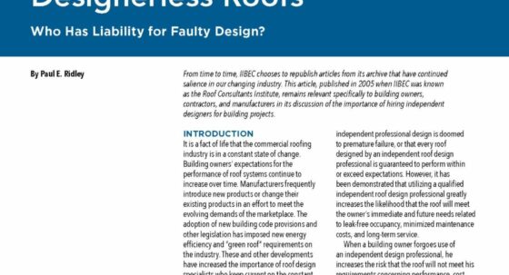 Magazine article page: blue header 'Feature' and 'Designerless Roofs' with subtitle 'Who Has Liability for Faulty Design?' and two narrow columns of dense text beneath.