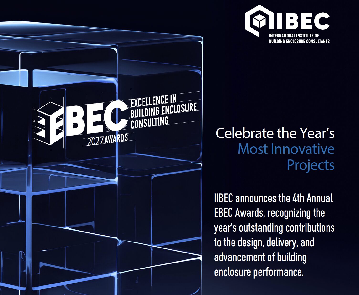 IBEC Awards banner featuring a glass-cube sculpture on the left and white/blue text on a dark background, including the IBEC logo on the top right and a celebration message about innovative projects.