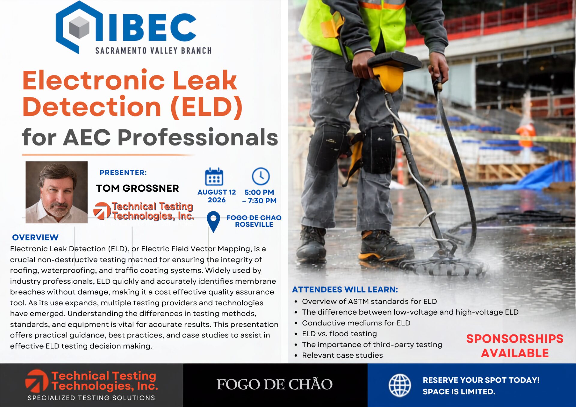 Promotional banner for IBEC Sacramento Valley Branch: 'Electronic Leak Detection (ELD) for AEC Professionals' with presenter photo; construction site image on the right.