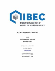 IIBEC Policy Guidelines Manual cover with blue IIBEC logo, title text, contact address, and dates of adoption and revision.