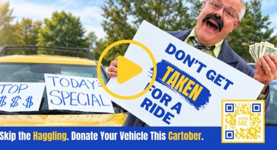 Man with a mustache holds a sign that reads 'Don't get taken for a ride' beside a car with 'Top $$$' and 'Today's Special' signs, plus a QR code; a video play overlay suggests a PSA about vehicle scams and donations.
