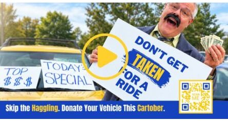 Man with a mustache holds a sign that reads 'Don't get taken for a ride' beside a car with 'Top $$$' and 'Today's Special' signs, plus a QR code; a video play overlay suggests a PSA about vehicle scams and donations.