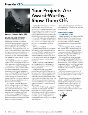 Three-column magazine page with a left photo of a man at a podium and a large headline: 'Your Projects Are Award-Worthy. Show Them Off.'