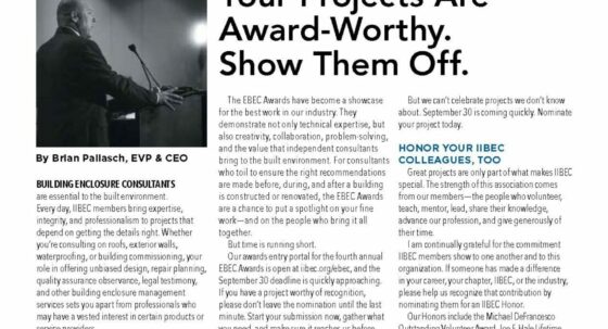 Three-column magazine page with a left photo of a man at a podium and a large headline: 'Your Projects Are Award-Worthy. Show Them Off.'