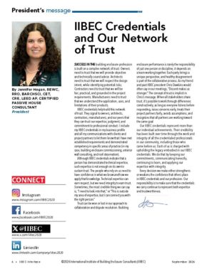 Magazine article page titled 'IIBEC Credentials and Our Network of Trust' featuring a portrait of Jennifer Hogan and a multi-column text layout with social media icons on the left.
