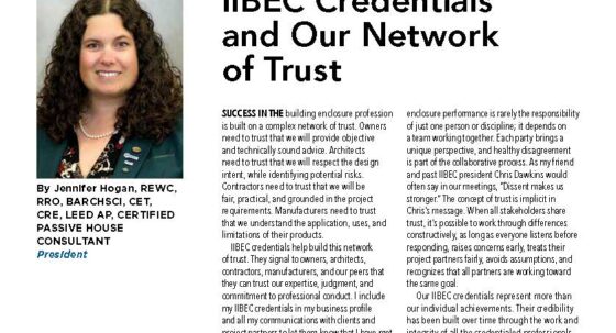 Magazine article page titled 'IIBEC Credentials and Our Network of Trust' featuring a portrait of Jennifer Hogan and a multi-column text layout with social media icons on the left.