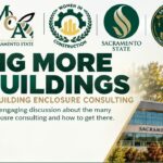 Banner promoting building enclosure careers with partner logos (IIBC Sacramento Valley, MCAA, Women in Construction, Sacramento State, Construction Management) and the headline 'Building More Than Buildings' over a campus building image on the right.