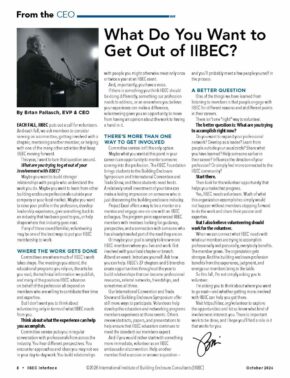 Three-column magazine article layout with a man speaking at a podium on the left and the headline 'What Do You Want to Get Out of IIBEC?' at the top right.